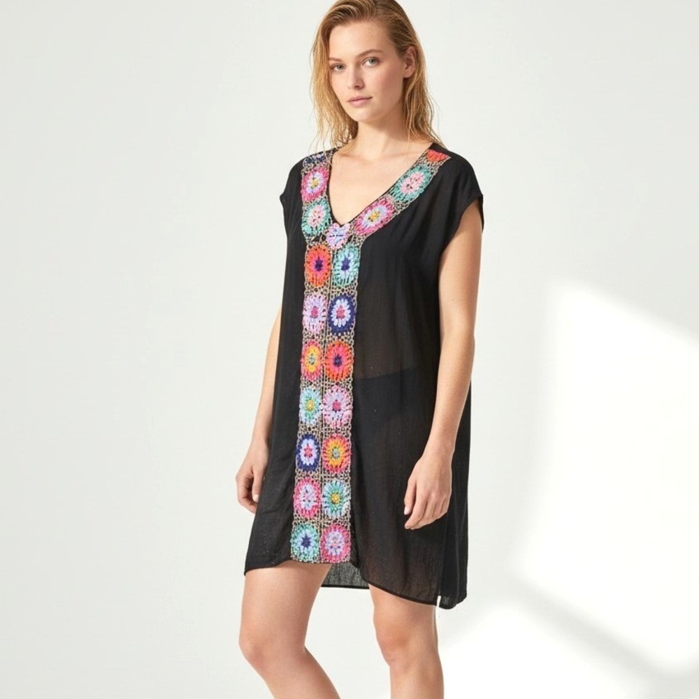 THML Black Crochet Floral Embroidered V-Neck Tunic Dress Swim Coverup Small‎